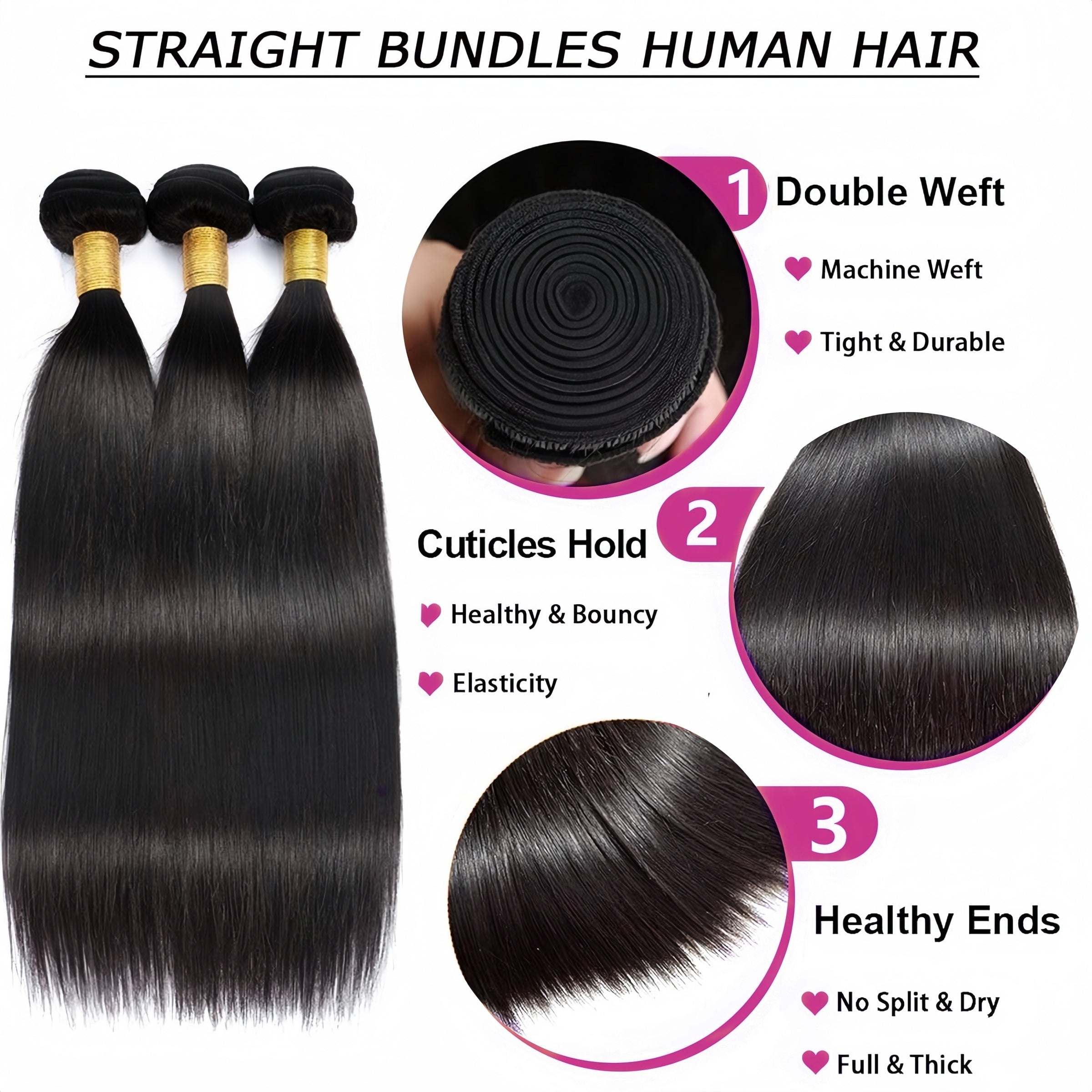 3 Bundles 10A Brazilian Virgin Human Hair Extensions Straight 100% Unprocessed Thick Tangle-Free 10-30 Inch for